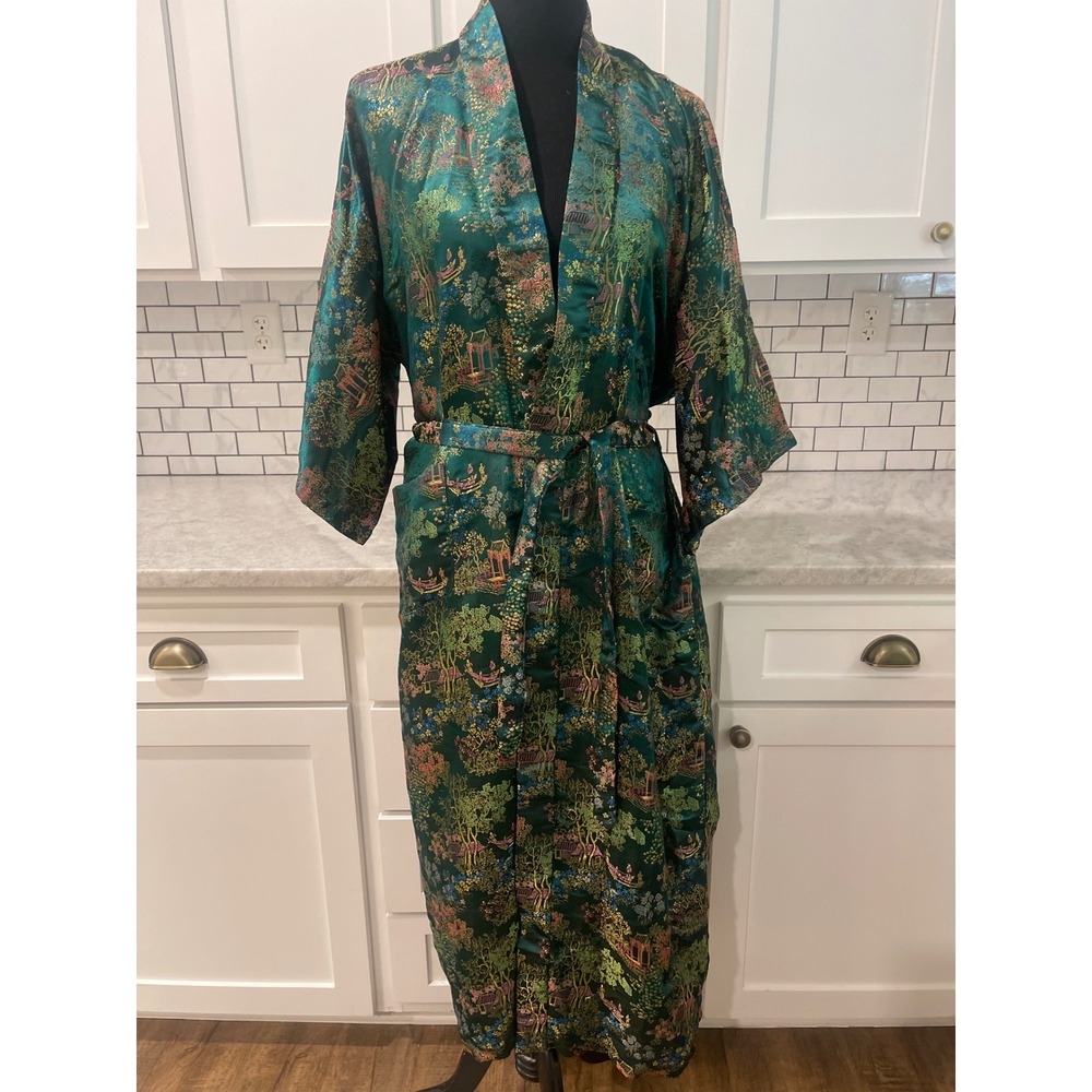 Golden Dragon Robe Womens XL Green Silk Brocade Landscape Pagoda Kimono Duster